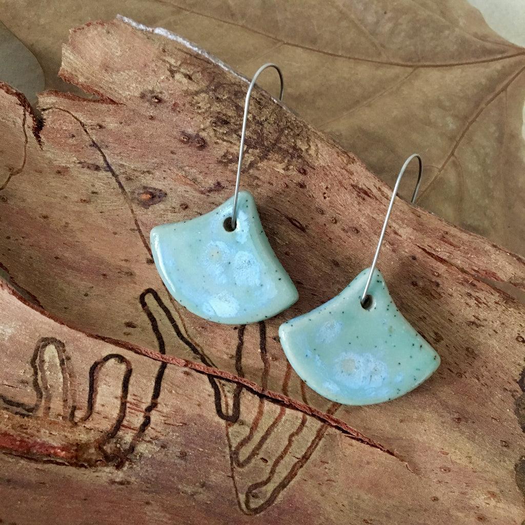 Celadon Bloom Fan Shape Stoneware Dangle Earrings