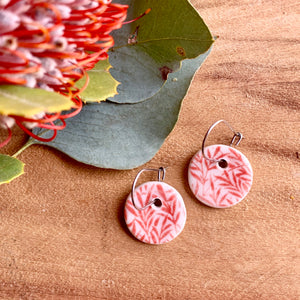 Small Leaves Red Round Porcelain Dangle Earrings