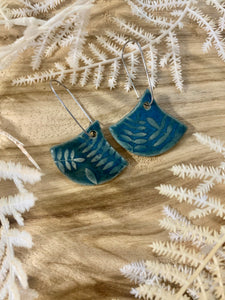 Peacock Fern Fan Shape Stoneware Dangle Earrings