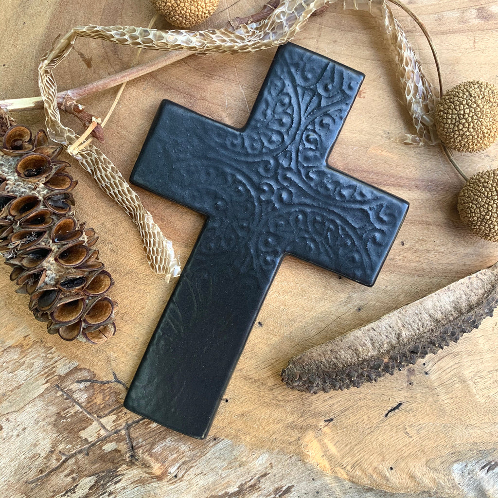 Black Moroccan Textured Stoneware Cross