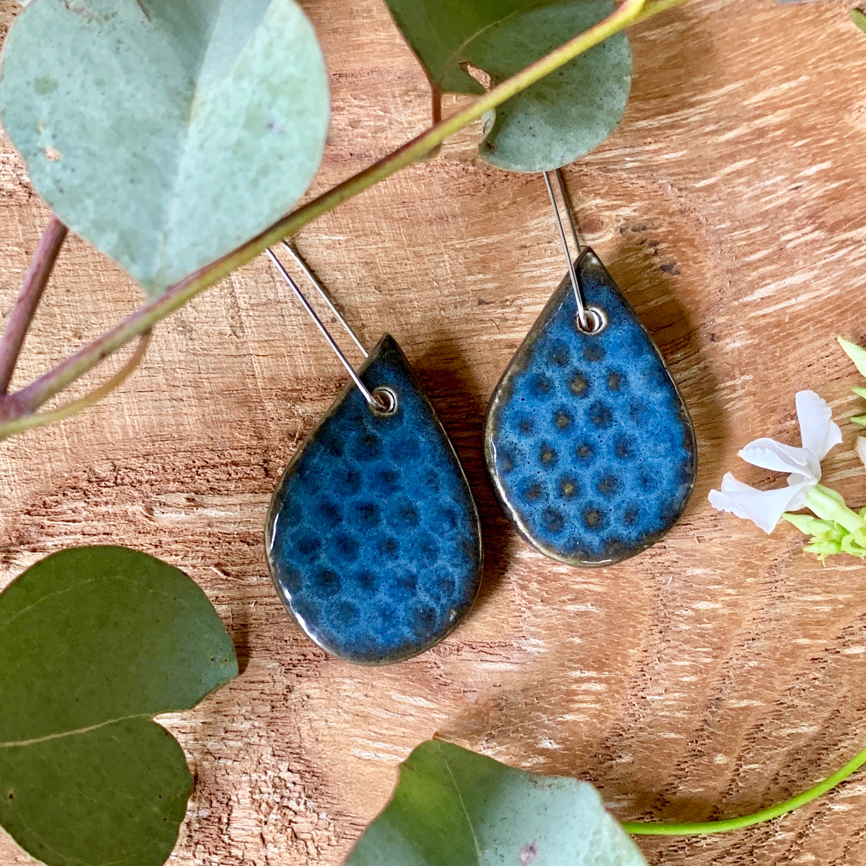 Blue Midnight Honeycomb Tear Drop Shape Porcelain Dangle Earrings