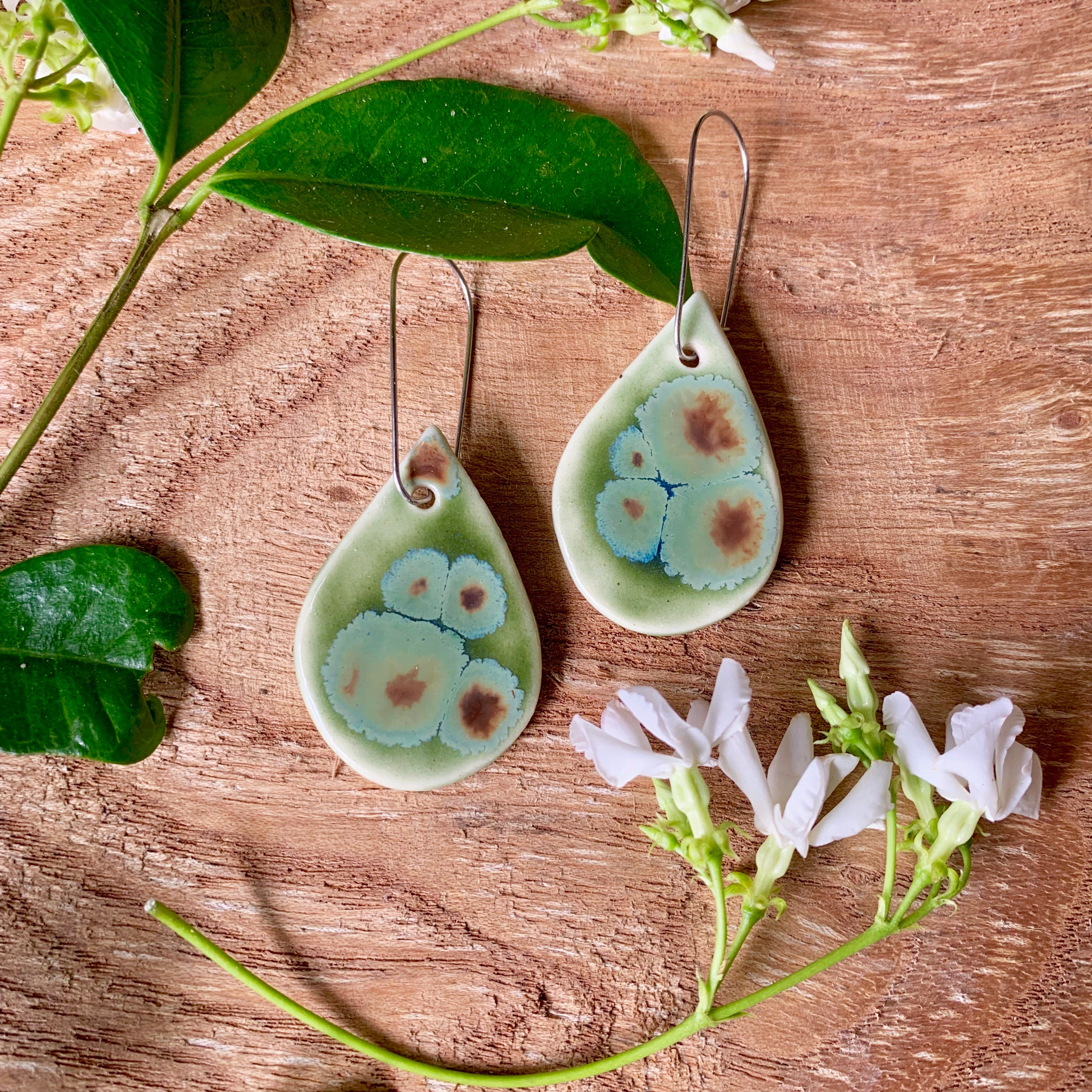 Olive Float Tear Drop Shape Porcelain Dangle Earrings
