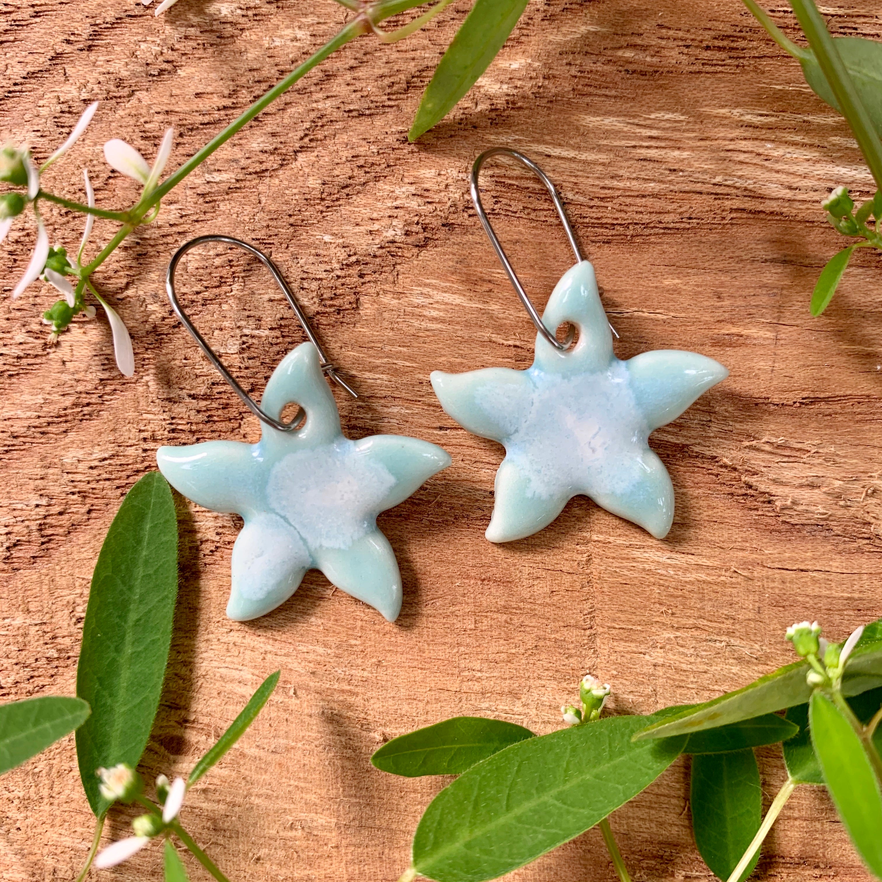 Celadon Bloom Small Jasmine Flower Porcelain Dangle Earrings
