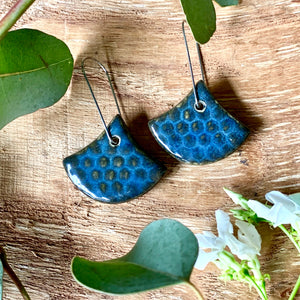 Blue Midnight Honeycomb Fan Shape Porcelain Dangle Earrings