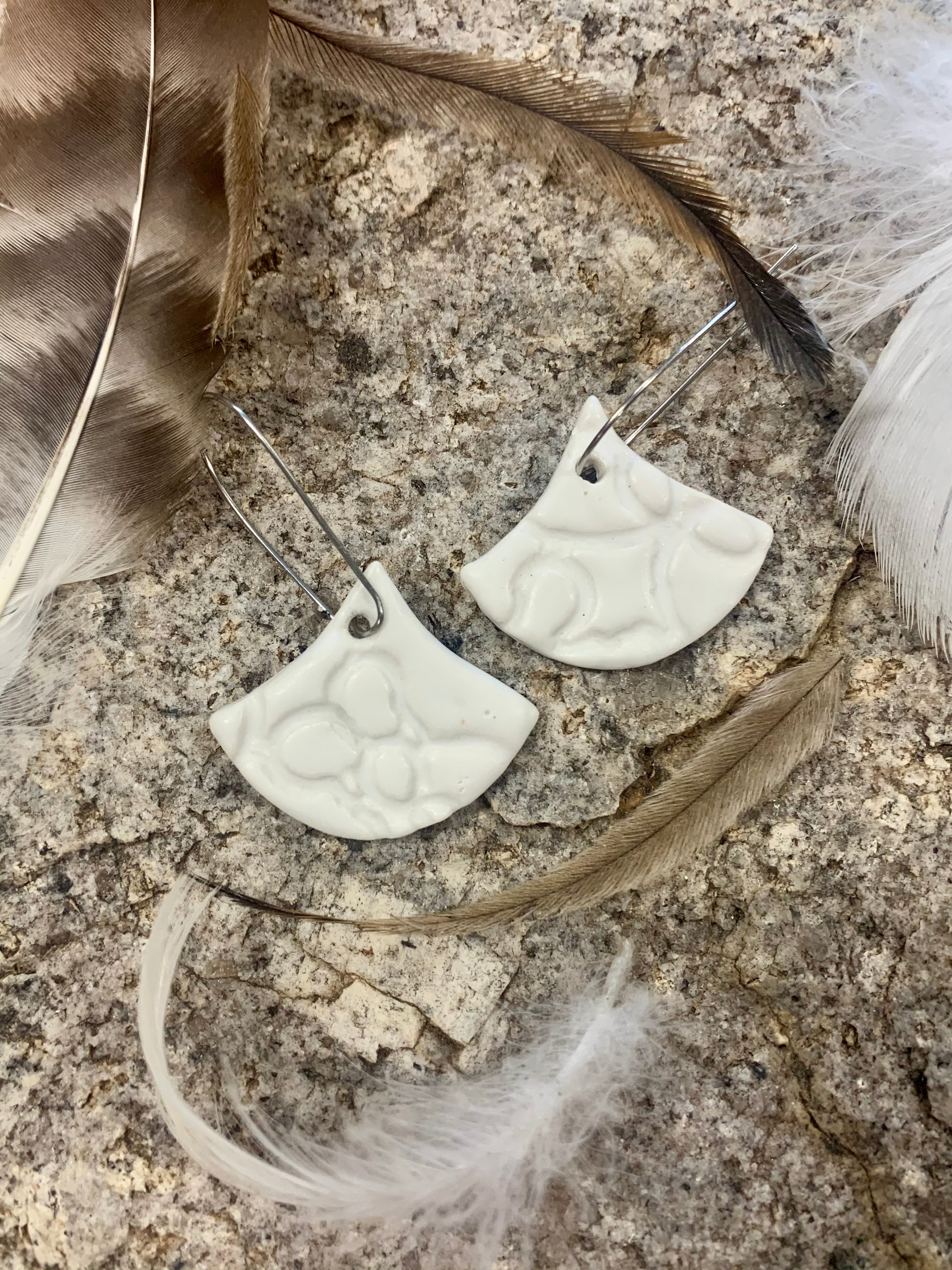 White Matte Lace Fan Shape Porcelain Dangle Earrings