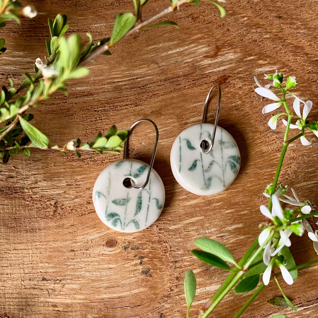 Leaves Waving Green Round Porcelain Dangle Earrings