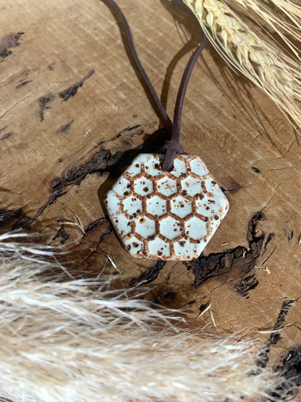 Shino Hexagon Print No. 2 Speckled Stoneware Hexagon Pendant Necklace