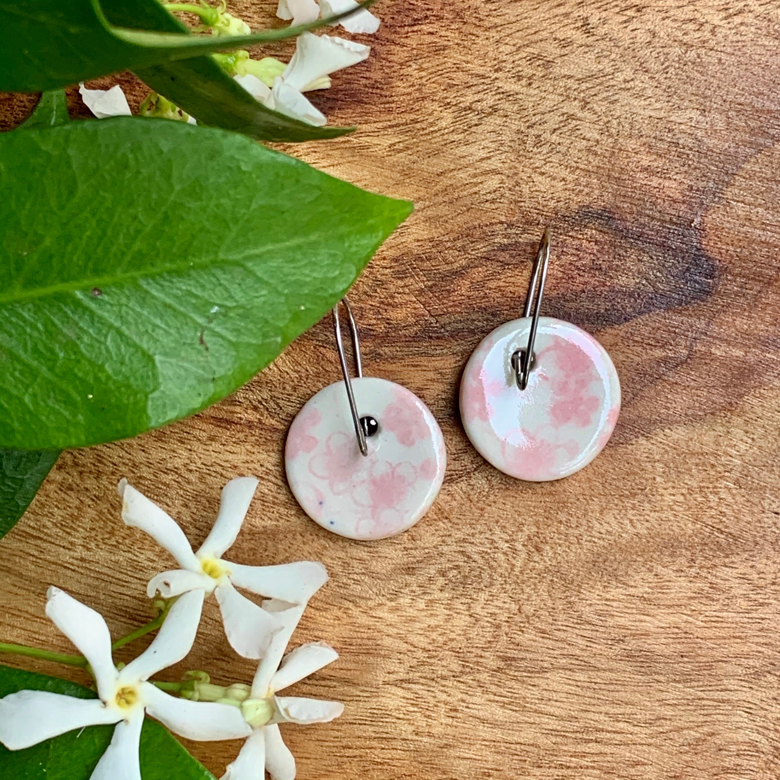 Cherry Blossom Pink Round Porcelain Dangle Earrings