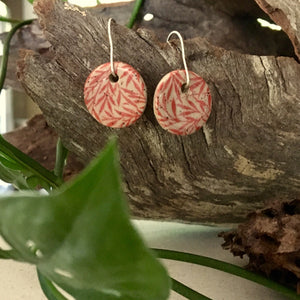 Small Leaves Red Round Stoneware Dangle Earrings