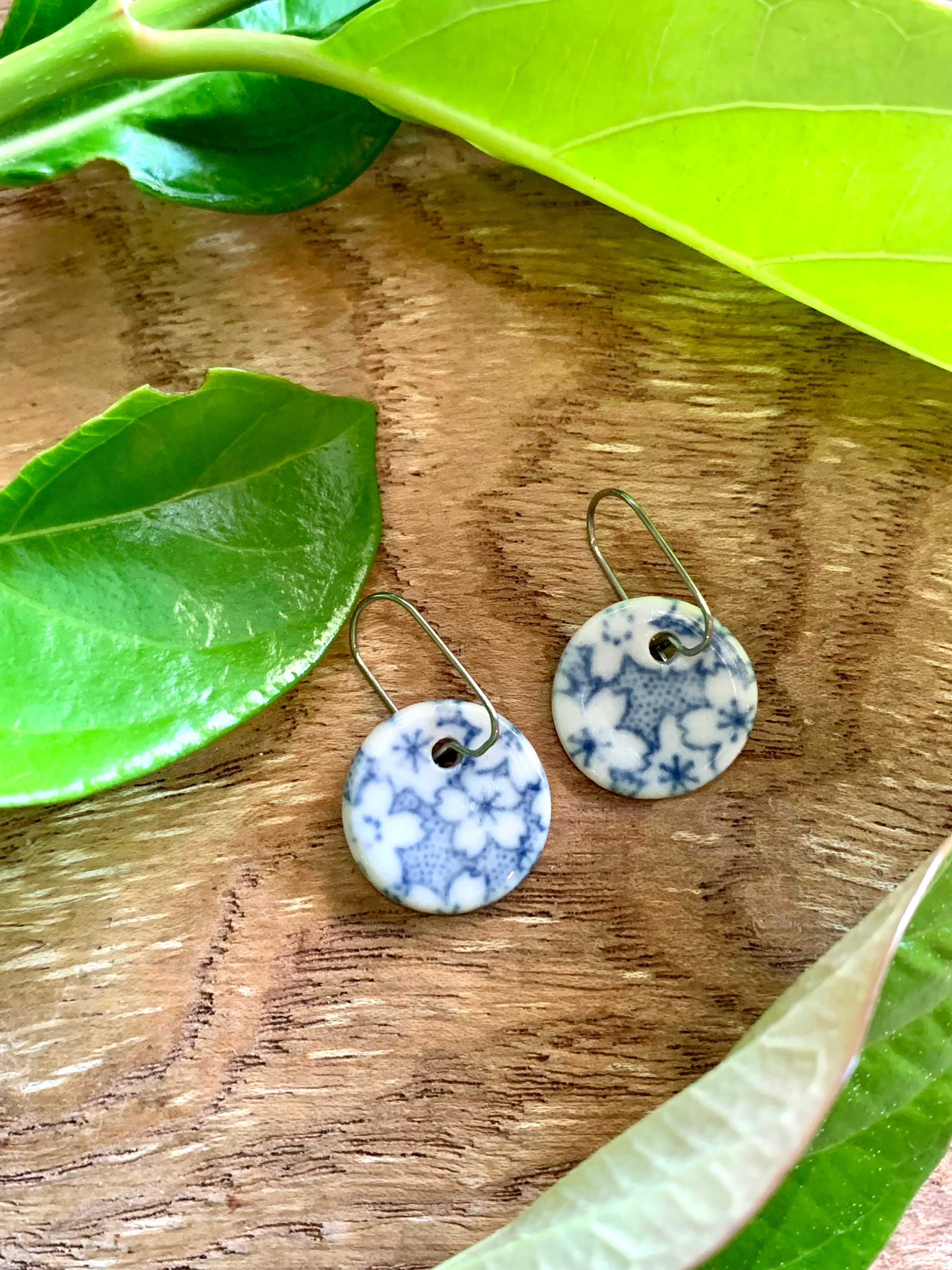 Mini Sakura Blue Round Porcelain Dangle Earrings