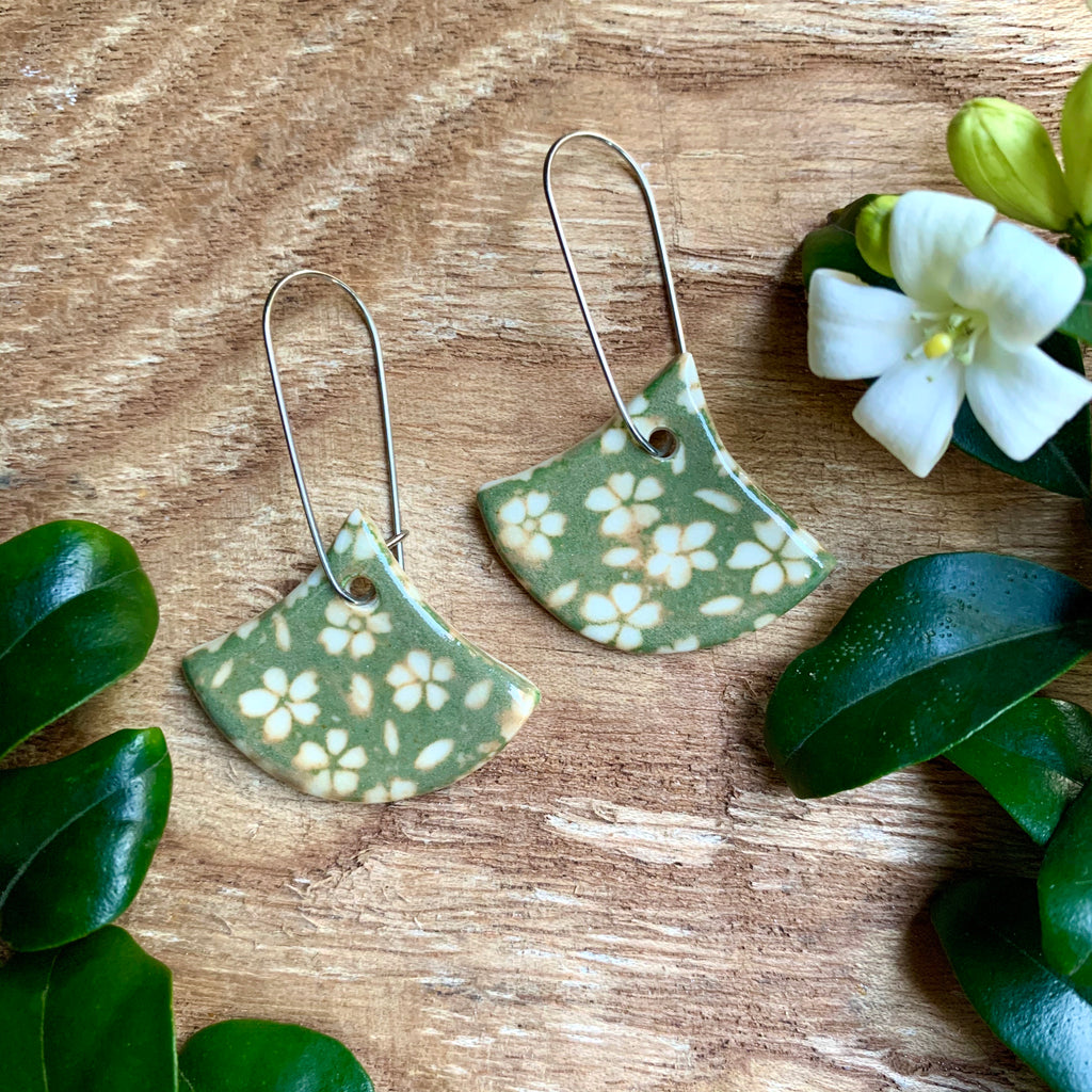 Small Flower Green Fan Shape Porcelain Dangle Earrings