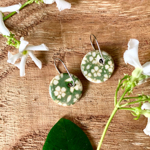 Small Flower Green Round Porcelain Dangle Earrings