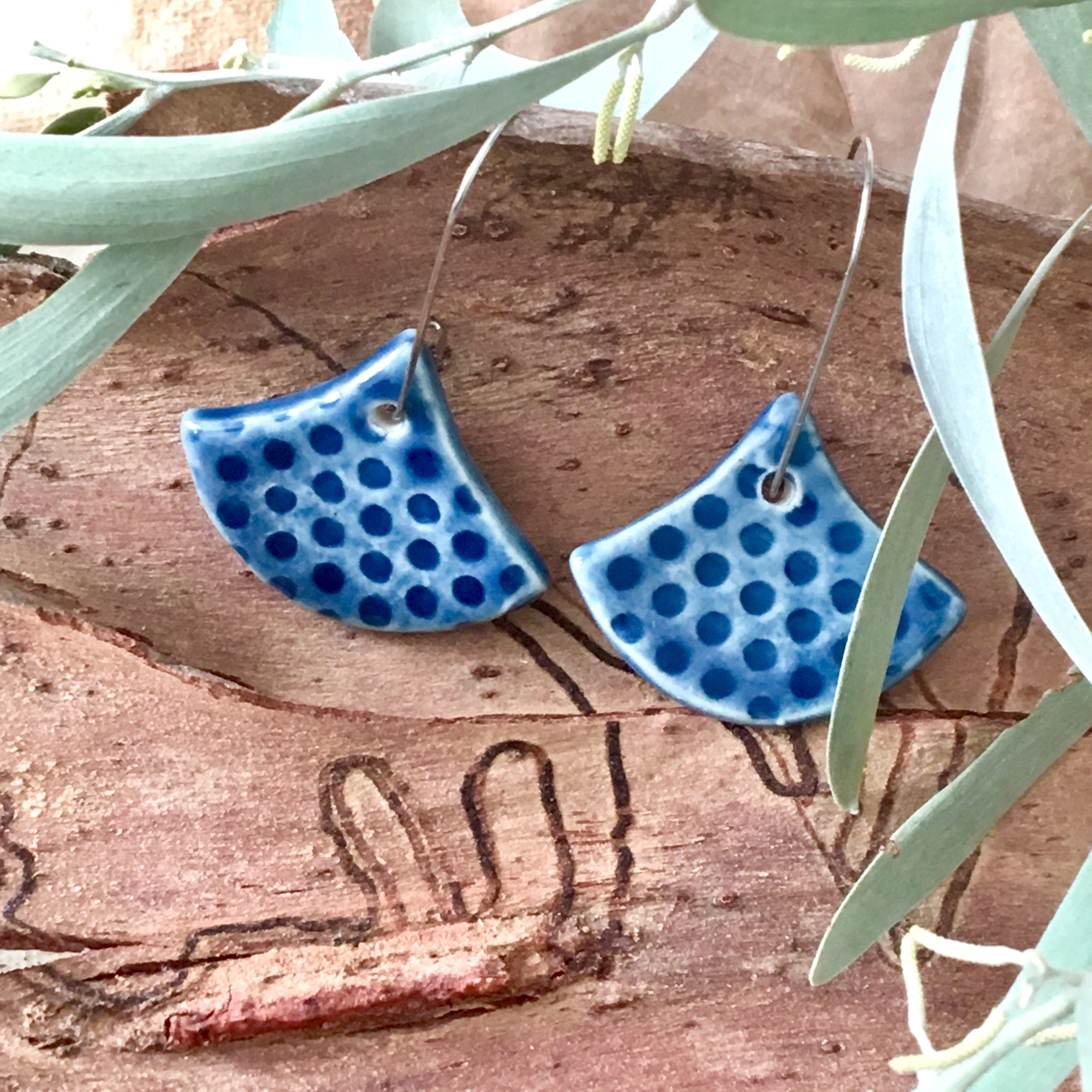 Deep Sea Tiny Spotty Fan Shape Porcelain Dangle Earrings